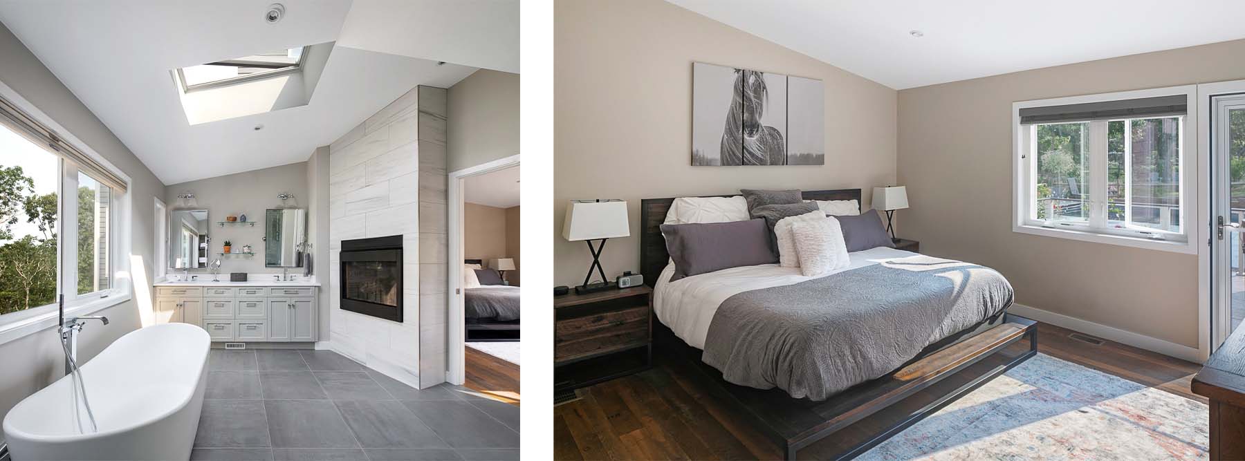 Truro Treehouse by Acorn Deck House Company is a modern farmhouse on Cape Cod. This photo shows the large master bathroom with double vanity, soaking tub, fireplace, large windows, and skylight. The second photo shows the bedroom with windows and door opening to private porch.