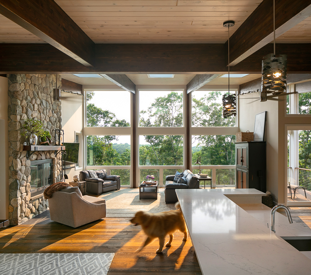 Home Trends We're Seeing in 2022: Floor to ceiling windows in post and beam great room. Golden retriever blurred by motion runs across the floor.